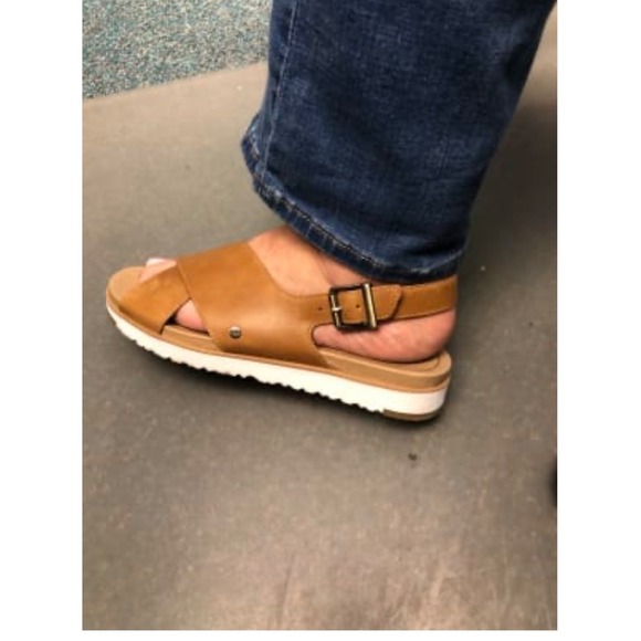 UGG Tan Leather Cross Strap Adjustable Buckle White Sole Sandals - Picture 1 of 10